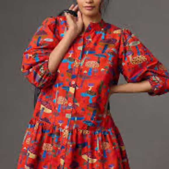 FARM Rio Anthropologie Long-Sleeve Shirt Dress Small Red Mushroom Print Tiered - Picture 5 of 16